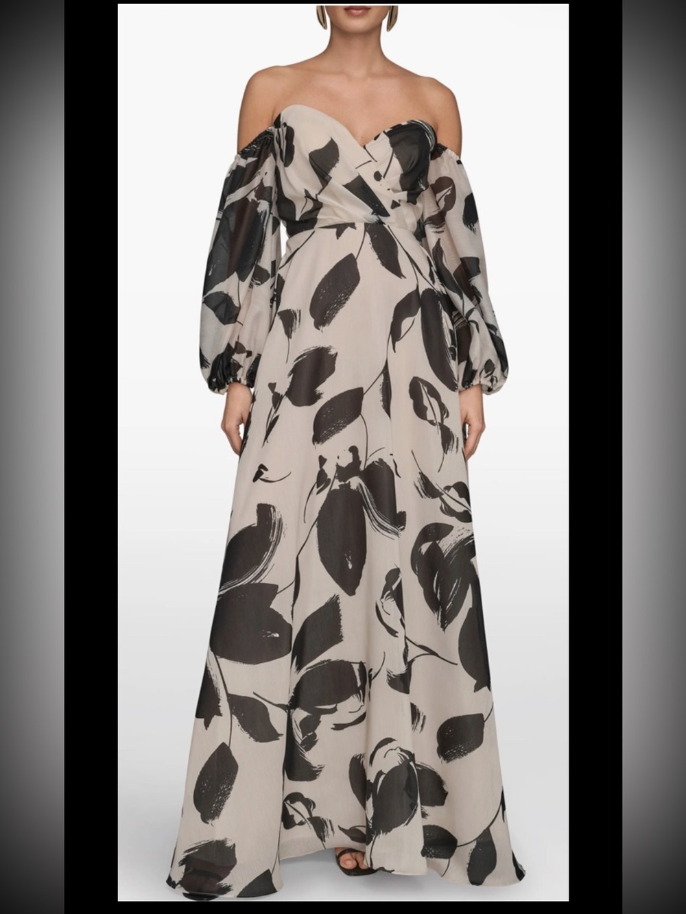 Donna Karan Black and Beige Off-Shoulder Floral Maxi Dress